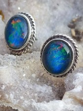 Antique Black Opal & Silver Doublet Studs, 12cm X 10cm Glorious Play Of Colour