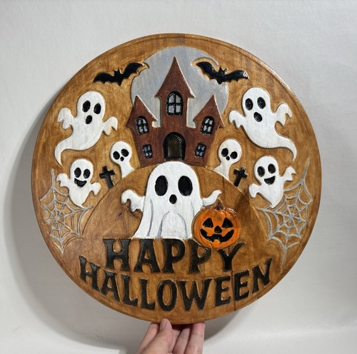Happy halloween round wood - happy,