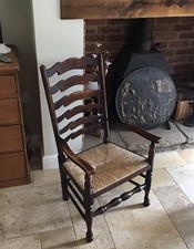 Antique Ladder back Dining Fireside Country Chair, Rush Seat, Carver, Edwardian
