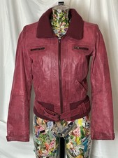 Vintage Red Leather Belted Bomber Jacket With Ribbed Collar Zipper Pockets Sz 12