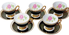 Set of 6 VintageBone China Teacups & Saucers,  Windsor Black Gold & Rose