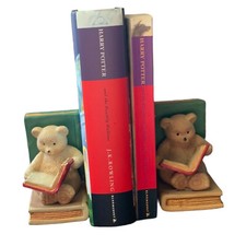 Vintage Ceramic Teddy Bear Bookends Reading Books Pair Cute Nursery Decor