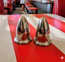Vintage MCM Stainless Steel 8 x 6cm  sputnik Bullet Cruet Set retro salt pepper