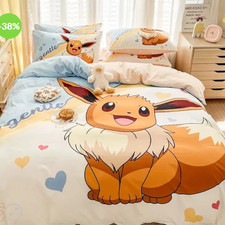 POKEMON Eevee Anime Bed Pillowcases Quilt Duvet Cover Queen King  Bedding Set