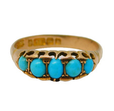 Edwardian 9ct Gold Graduating Turquoise Boat Ring Antique 1907 Birmingham