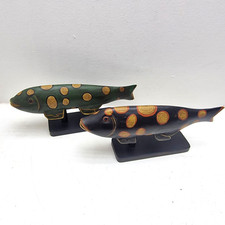 Pair Hand Carved Wooden Fish On Stands Polka Dot Folk Art Coastal Decor 30cm