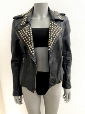 ZARA Woman Real Leather Black + Gold Cone Studded Biker Blazer Jacket