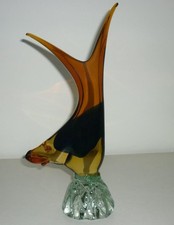 STUNNING UNUSUAL TALL RETRO MURANO ART GLASS AMBER BLACK GLASS FISH VASE