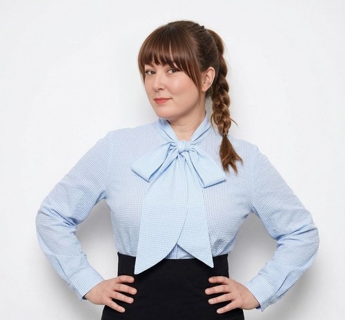 Blue gingham pullover - , pussybow