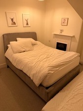 Double bed and Mattress (Jennie Bedframe 4ft6 Grey Vlvt and Osborne Mattress 4'6