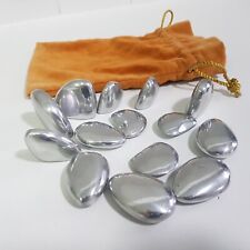 Aluminium polished mystic rune-like stone pebbles (14) orange velvet bag vintage