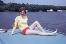 35mm Slide - Woman In Bikini Bottom On Roof Of Norfolk Broads Cruiser, 1974