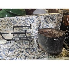 Fireside log storage rack stand wi cast iron cauldron / planter