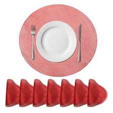Round Floral Placemats Set of 8 Metallic Vinyl Pressed Placemats, Red