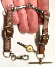 Rare Antique Leather & Metal Horse’s Bit Form Pocket Watch Albert Chain