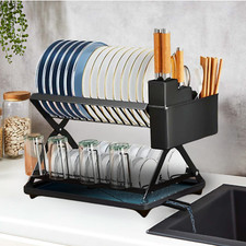 Collapsible Dish Drainer Rack With Drip Tray, Cutlery Drainer & Drainage Spout