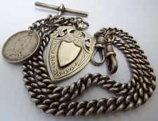 FABULOUS CLEAN HEAVY 67g ANTIQUE 1933 SOLID STERLING SILVER DOUBLE ALBERT CHAIN