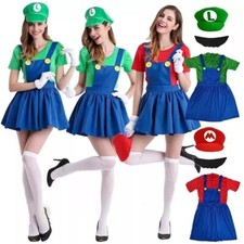 Women Mario Luigi Costume Super Plumber Bros Halloween Party Fancy Dress Outfit+