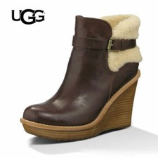 UGG® AUSTRALIA ANAIS MAHOGANY LEATHER WEDGE BOOTS UK 8.5 EUR 41 USA 10 RRP £180