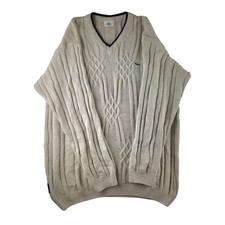 Lacoste Cable Knit Jumper Size 5 Mens Large Beige V-Neck Logo Sweater Preppy Y2K