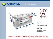 Battery fits JEEP CHEROKEE 3.2 2.0D 2013 on Varta 020 920A 110Ah 5Yr Warranty