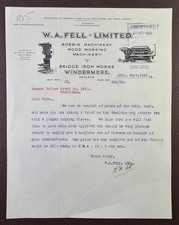 1933 W.A. Fell Ltd Woodworking Machinery Bridge Iron Works Windermere Letter