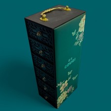 GOUQI Tangshe Decorative Floral Butterfly Wood Storage Box W/ 6 Small Drawers