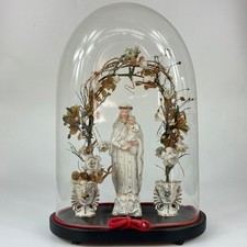 Antique French Large Glass Marriage Dome With Mary / Jesus Figure & Headress