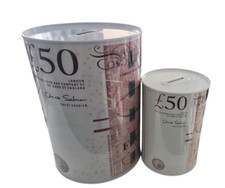 Money Box Tin £50 £20 £10 Pound Note Design Kids Saving Cash Piggy Bank Box Note