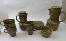 Beswick Zorba Olive Green 2 Coffee Pots, 5 cups and saucers and sugar bowl 1960s