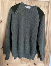 Brenire Sweater Mens Large Khaki Knitted Pure Wool Scotland Suede Patch