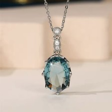 Sterling Silver  Large Blue Oval Topaz Gemstone  Pendant Necklace Free Gift Box