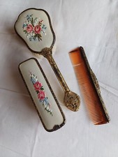 Vintage dressing table set 1930/40s Petit point embroidery, floral 