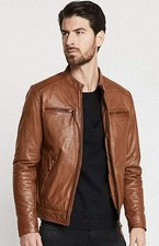 Men's Brown Genuine Leather Cafe Racer Jacket Stand Collar Slim Fit Moto Coat