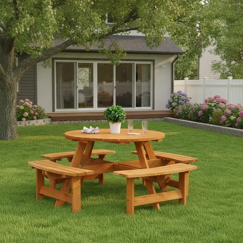 Pine wooden round picnic table - pine,