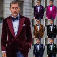Vintage Velvet Men Smoking Coat Jacket Robe Shawl Lapel Tuxedo Blazer Tailored *