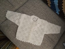 Handmade baby round necked cardigan white 16" chest 0/3 months