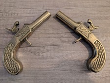 Vintage Pair Of Wall Hung Brass Flintlock Pistols 