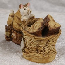 Peter Fagan Cat ornament cat & kittens 1980s brown tabby & woodbasket