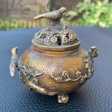 Antique China Xuande Mark Bronze Incense Burner Censer Magpie Bird Plum Blossoms