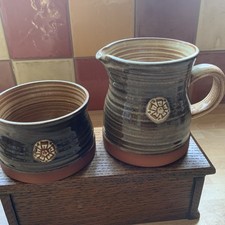 Vintage Studio Pottery York Rose Sugar Bowl & Creamer Jug Set Pair Yorkshire
