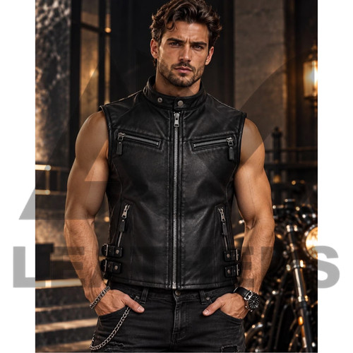 Mens black leather - biker, vest