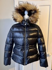Zara Woman Black Shiny Down Puffer Coat Jacket Hooded Faux Fur Size XL