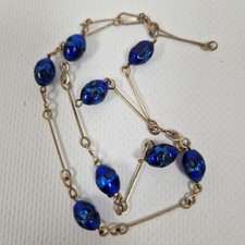 Art Deco Necklace Rolled Gold Wire Blue Foil Glass Tassel 37cm Short Vintage