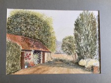 WATERCOLOUR COUNTRY GARDEN DRIVE OUTBUILDINGS GARAGE Un Signed Painting