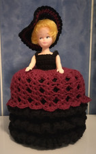 Handmade Crochet Vintage Doll Toilet Roll Cover, Black and Burgundy Dress