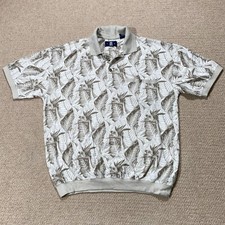 VINTAGE Hawaiian Polo Shirt Mens Medium White Beige Leaf Pattern 90s Sweater USA