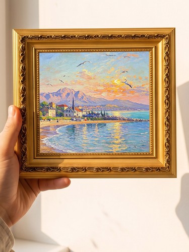 Sunset seaside town beach oil - seaside,