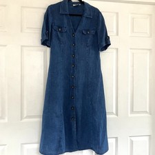 CC Country Casuals Blue Deni Look 100% Linen Button Front Midi Dress Size 14