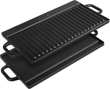 VonShef Reversible Cast Iron BBQ Griddle Pan with Handles – 50cm, Pre-Seasoned N